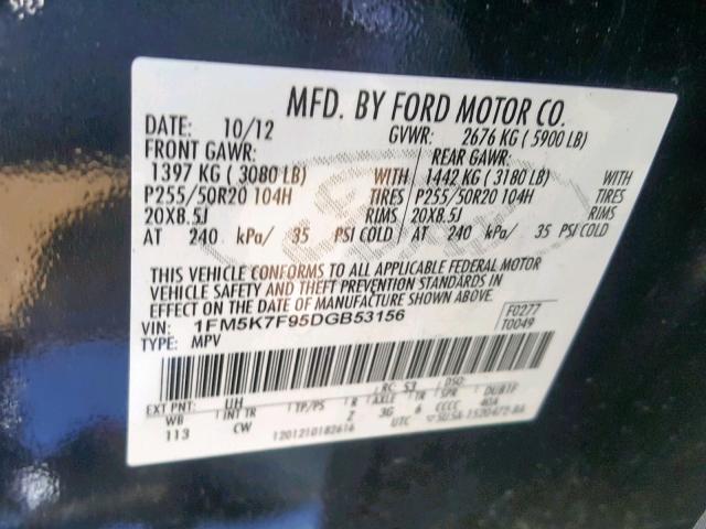 1FM5K7F95DGB53156 - 2013 FORD EXPLORER L BLACK photo 10