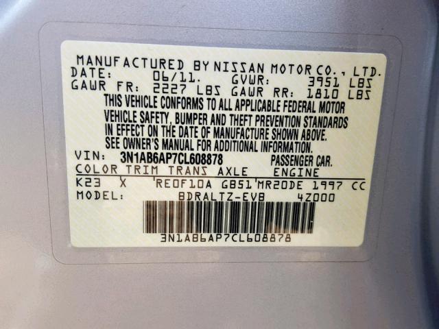 3N1AB6AP7CL608878 - 2012 NISSAN SENTRA 2.0 SILVER photo 10