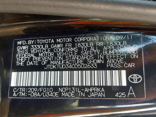 JTDKTUD34CD502633 - 2012 TOYOTA YARIS BLACK photo 10