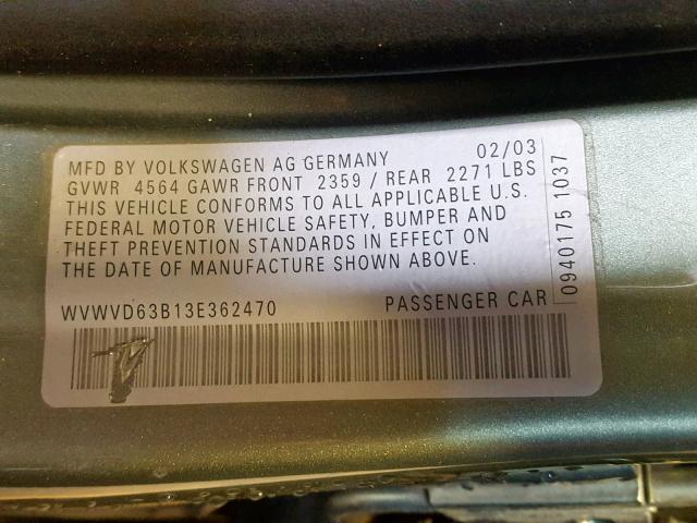 WVWVD63B13E362470 - 2003 VOLKSWAGEN PASSAT GLS GREEN photo 10