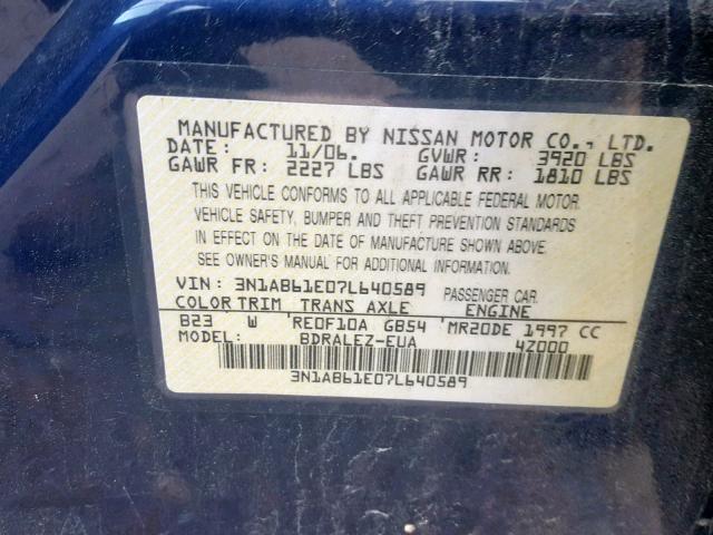 3N1AB61E07L640589 - 2007 NISSAN SENTRA 2.0 BLUE photo 10