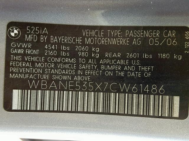 WBANE535X7CW61486 - 2007 BMW 525 I GRAY photo 10