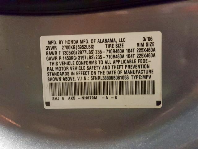 5FNRL38806B081053 - 2006 HONDA ODYSSEY TO SILVER photo 10