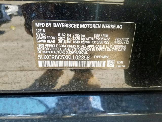 5UXCR6C5XKLL02358 - 2019 BMW X5 XDRIVE4 BLACK photo 10