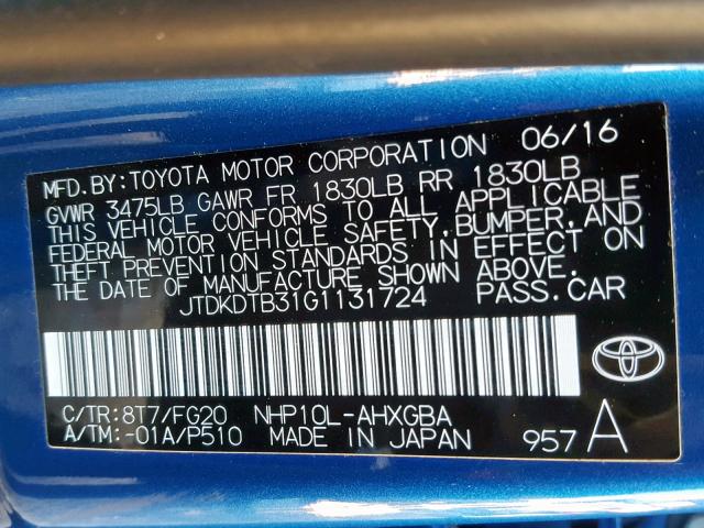 JTDKDTB31G1131724 - 2016 TOYOTA PRIUS C BLUE photo 10