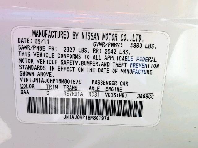 JN1AJ0HP1BM801974 - 2011 INFINITI EX35 BASE WHITE photo 10