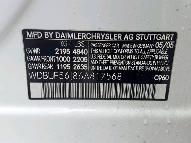 WDBUF56J86A817568 - 2006 MERCEDES-BENZ E 350 WHITE photo 10