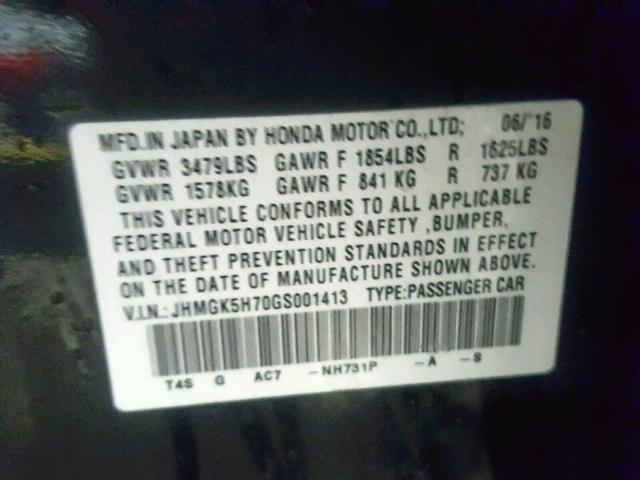 JHMGK5H70GS001413 - 2016 HONDA FIT EX BLACK photo 10