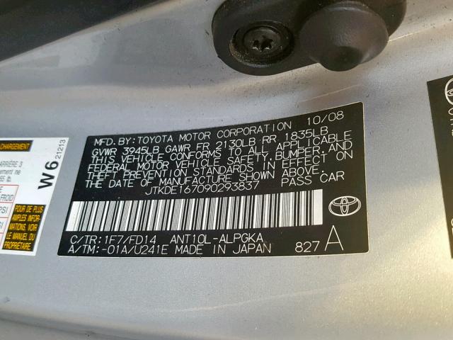 JTKDE167090293837 - 2009 TOYOTA SCION TC ვერცხლისფერი ფოტო 10