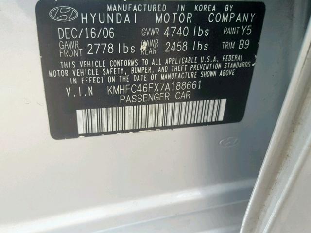 KMHFC46FX7A188661 - 2007 HYUNDAI AZERA SE SILVER photo 10