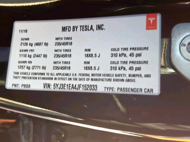 5YJ3E1EA4JF152033 - 2018 TESLA MODEL 3 BLACK photo 10