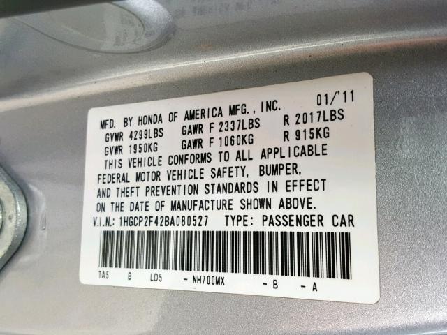 1HGCP2F42BA080527 - 2011 HONDA ACCORD LXP SILVER photo 10