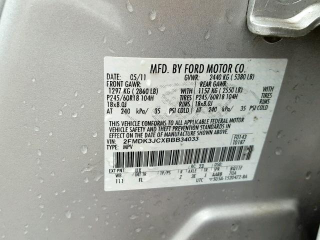 2FMDK3JCXBBB34033 - 2011 FORD EDGE SEL GRAY photo 10