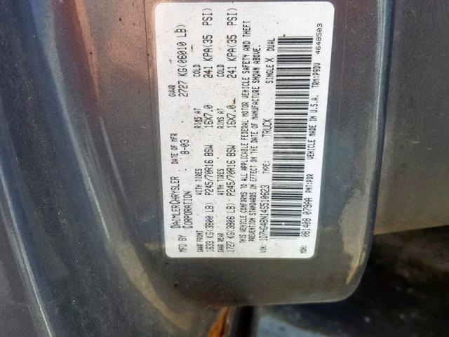 1D7HG48N14S510623 - 2004 DODGE DAKOTA QUA GRAY photo 10