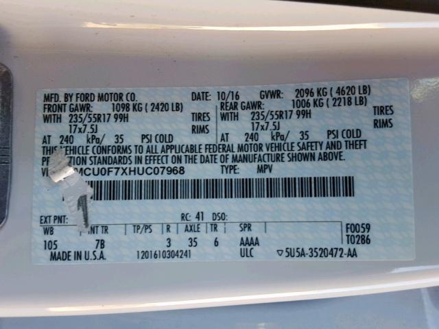 1FMCU0F7XHUC07968 - 2017 FORD ESCAPE S WHITE photo 10