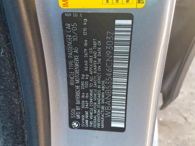 WBANB53546CN93032 - 2006 BMW 550 I GRAY photo 10