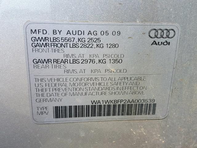 WA1WKBFP2AA003539 - 2010 AUDI Q5 PRESTIG SILVER photo 10