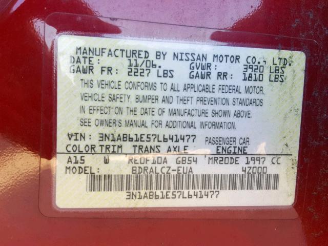 3N1AB61E57L641477 - 2007 NISSAN SENTRA 2.0 RED photo 10