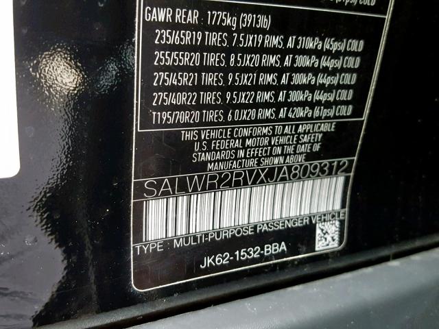 SALWR2RVXJA809312 - 2018 LAND ROVER RANGE ROVE BLACK photo 10