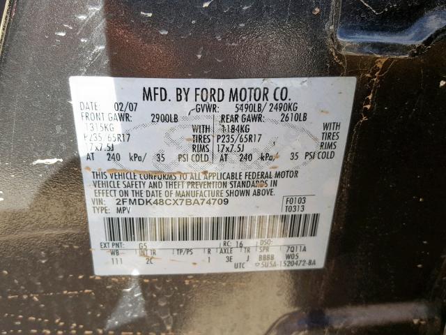 2FMDK48CX7BA74709 - 2007 FORD EDGE SEL CHARCOAL photo 10