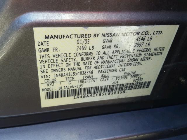 1N4BA41E85C838358 - 2005 NISSAN MAXIMA SE GRAY photo 10