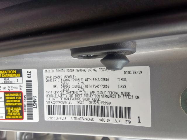 5TFAZ5CN9KX087101 - 2019 TOYOTA TACOMA DOUBLE CAB  照片 10