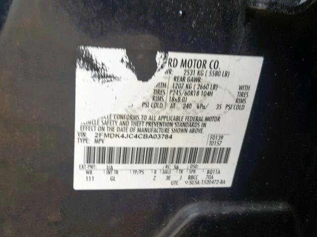 2FMDK4JC4CBA03784 - 2012 FORD EDGE SEL BLACK photo 10