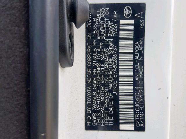 JTKDE167X80236737 - 2008 TOYOTA SCION TC WHITE photo 10