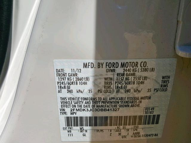 2FMDK3JC3DBB41327 - 2013 FORD EDGE SEL WHITE photo 10