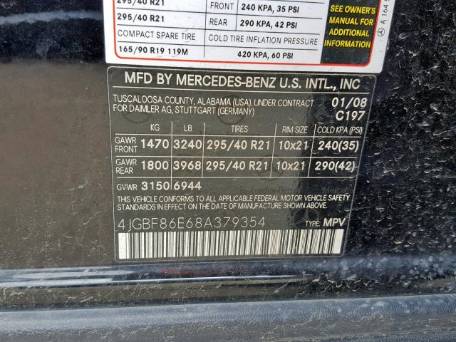 4JGBF86E68A379354 - 2008 MERCEDES-BENZ GL 550 4MA BLACK photo 10