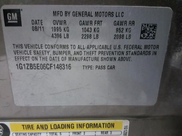 1G1ZB5E06CF148316 - 2012 CHEVROLET MALIBU LS 灰色 照片 10