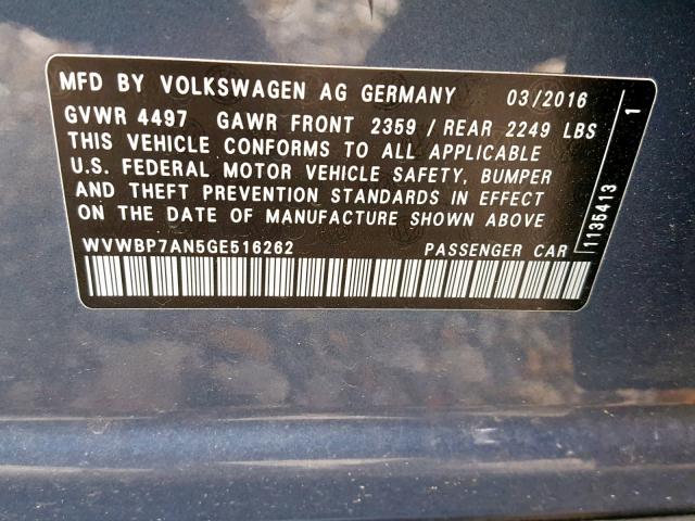 WVWBP7AN5GE516262 - 2016 VOLKSWAGEN CC BASE BLUE photo 10