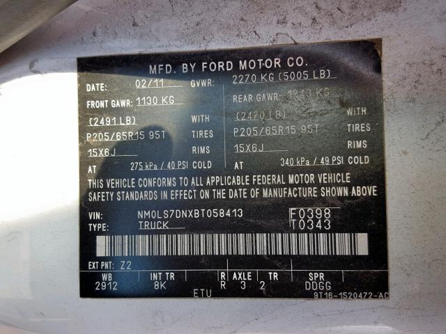 NM0LS7DNXBT058413 - 2011 FORD TRANSIT CO WHITE photo 10