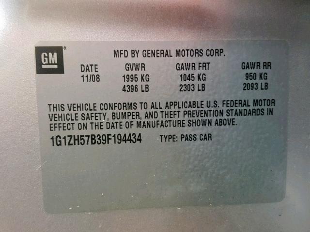 1G1ZH57B39F194434 - 2009 CHEVROLET MALIBU 1LT 银色 照片 10