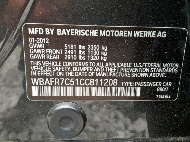 WBAFR7C51CC811208 - 2012 BMW 535 I CHARCOAL photo 10