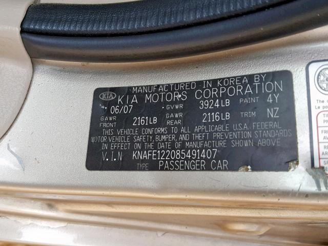 KNAFE122085491407 - 2008 KIA SPECTRA EX BEIGE photo 10