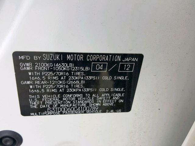 JS3TD0D60C4100789 - 2012 SUZUKI GRAND VITA WHITE photo 10