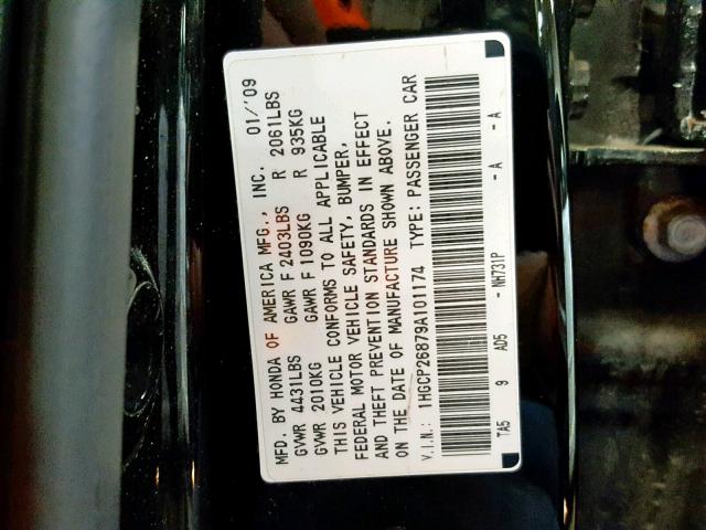 1HGCP26879A101174 - 2009 HONDA ACCORD EXL BLACK photo 10