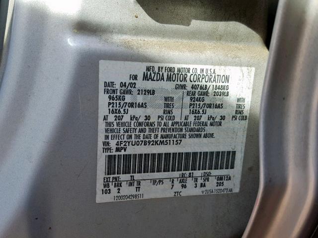 4F2YU07B92KM51157 - 2002 MAZDA TRIBUTE DX 灰色 照片 10