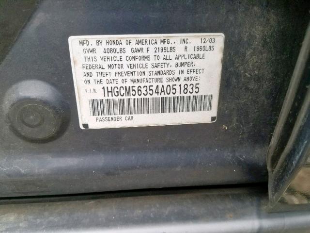 1HGCM56354A051835 - 2004 HONDA ACCORD LX BLUE photo 10