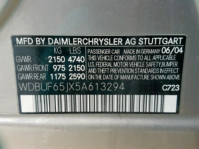 WDBUF65JX5A613294 - 2005 MERCEDES-BENZ E 320 SILVER photo 10