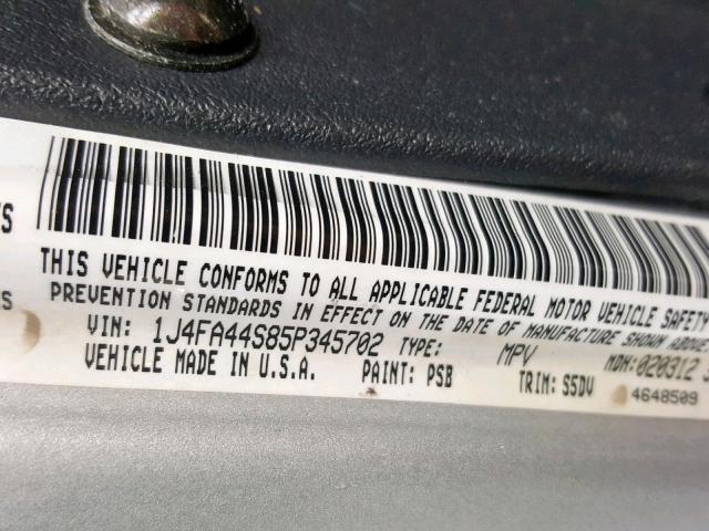 1J4FA44S85P345702 - 2005 JEEP WRANGLER / SILVER photo 10