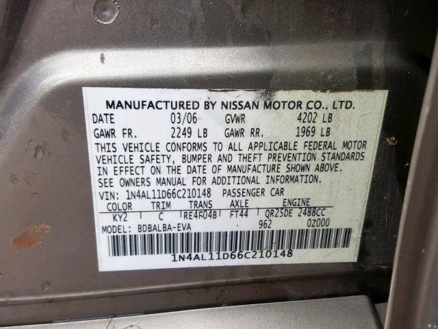 1N4AL11D66C210148 - 2006 NISSAN ALTIMA S GOLD photo 10