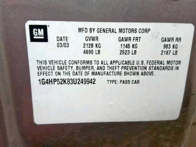 1G4HP52K83U249942 - 2003 BUICK LESABRE CU GOLD photo 10