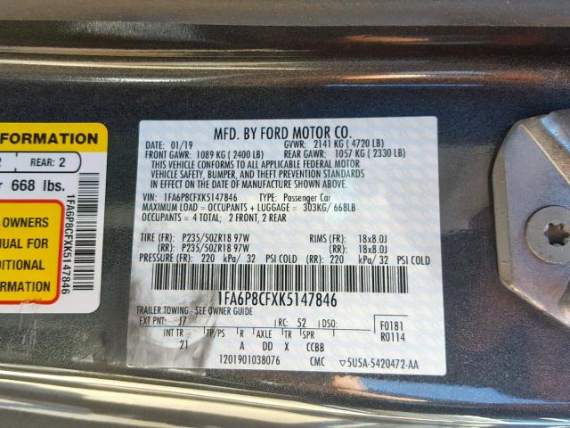 1FA6P8CFXK5147846 - 2019 FORD MUSTANG GT GRAY photo 10