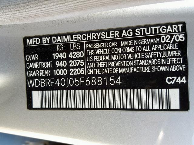 WDBRF40J05F688154 - 2005 MERCEDES-BENZ C 230K SPO SILVER photo 10