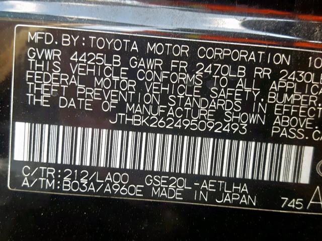 JTHBK262495092493 - 2009 LEXUS IS 250 BLACK photo 10