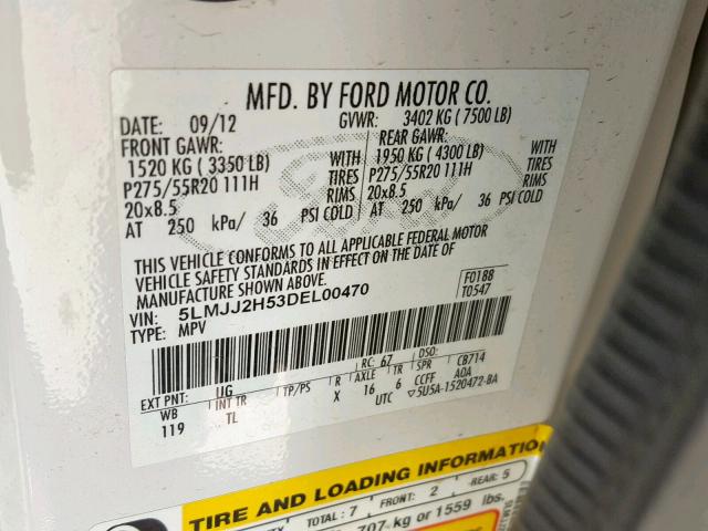 5LMJJ2H53DEL00470 - 2013 LINCOLN NAVIGATOR 白色 照片 10