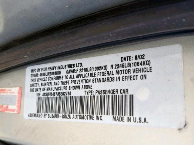 4S3BH646735302766 - 2003 SUBARU LEGACY GT SILVER photo 10