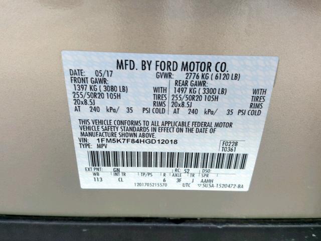 1FM5K7F84HGD12018 - 2017 FORD EXPLORER L GOLD photo 10